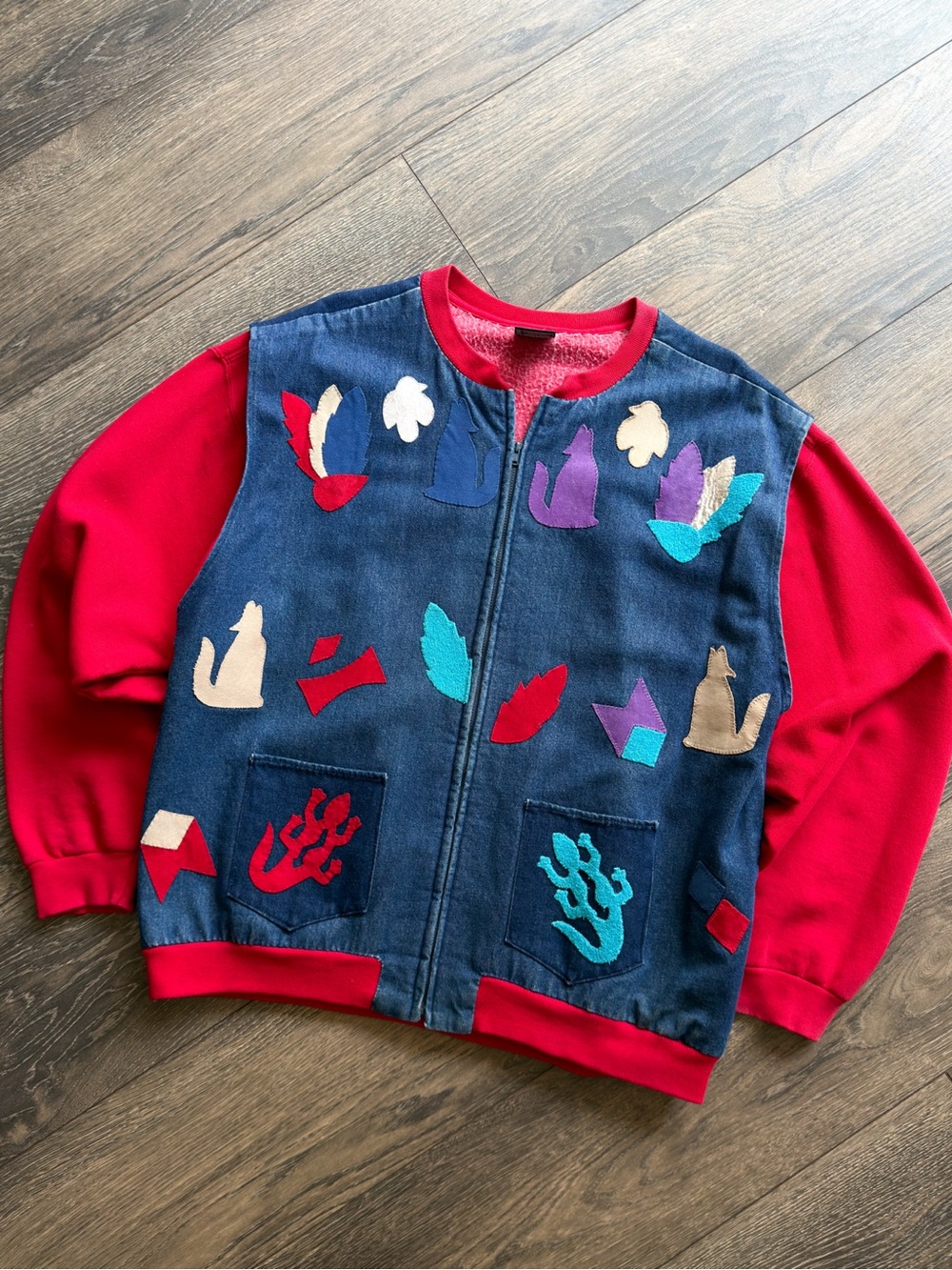 Women’s XL Denim Applique Sweatshirt Jacket Southwest Aztec Full Zip Vintage 90s - Picture 2 of 9